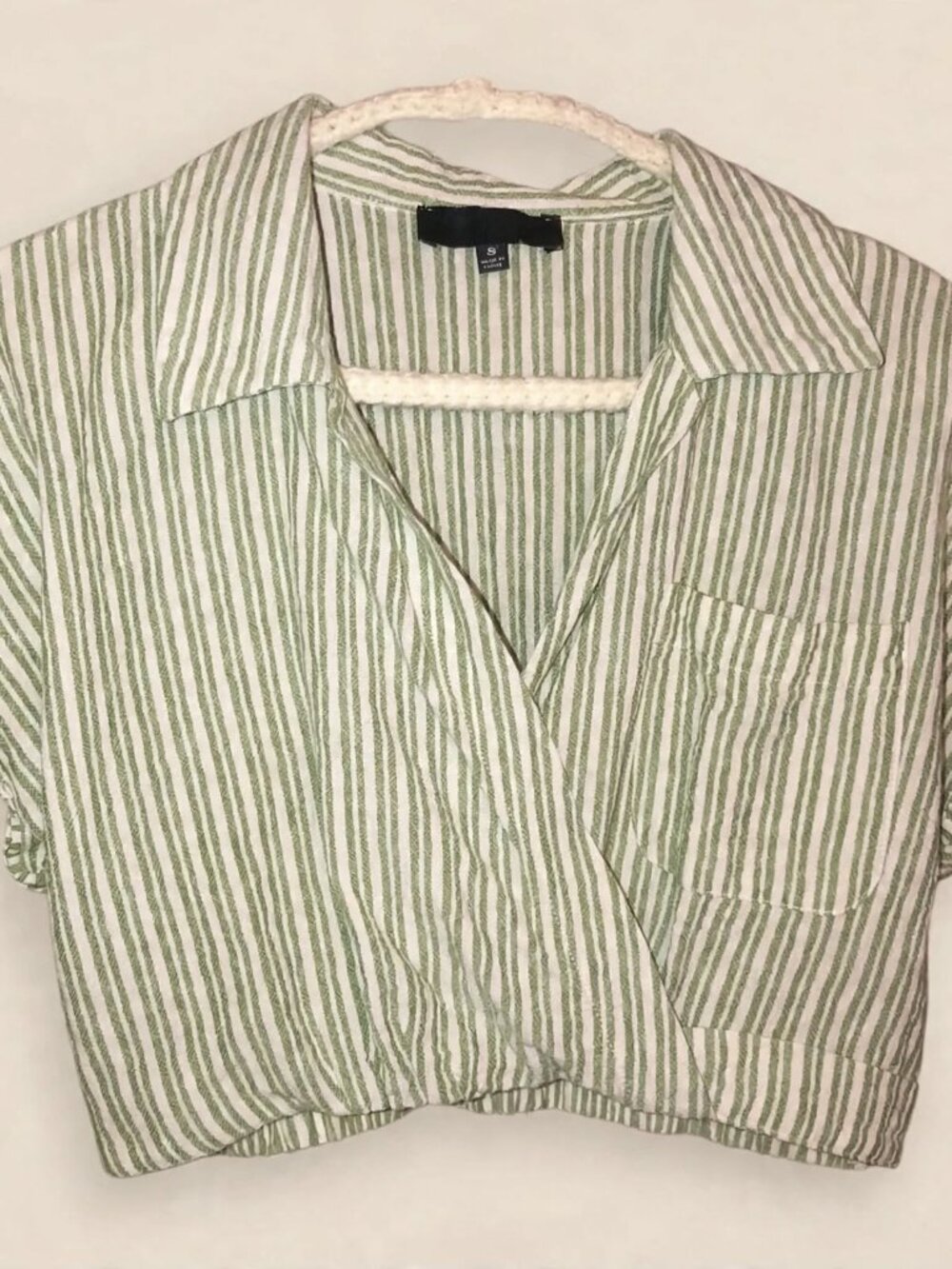 Aakaa S Small Green White Stripe Cropped Wrap Top Surplice Coastal Grandma